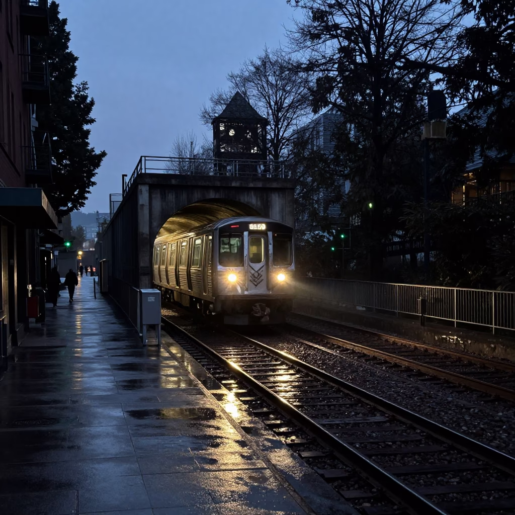 Predawn Street Scene in Portland Oregon with Metro Train Emerging from Tunnel in in Portland, Oregon, United States