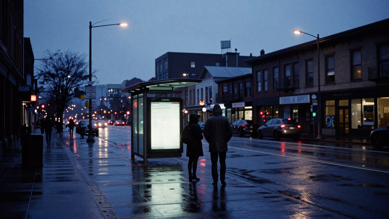 Predawn Street Scene in Portland Oregon with Raincoats and Urban Details in in Portland, Oregon, United States