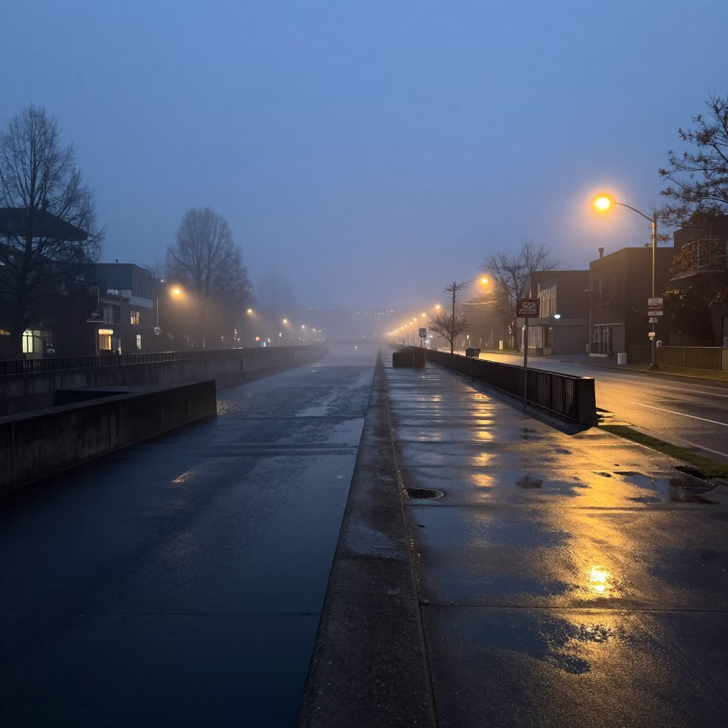 Predawn Street Scene in Portland Oregon With Spillway Mist and Urban Architecture in in Portland, Oregon, United States