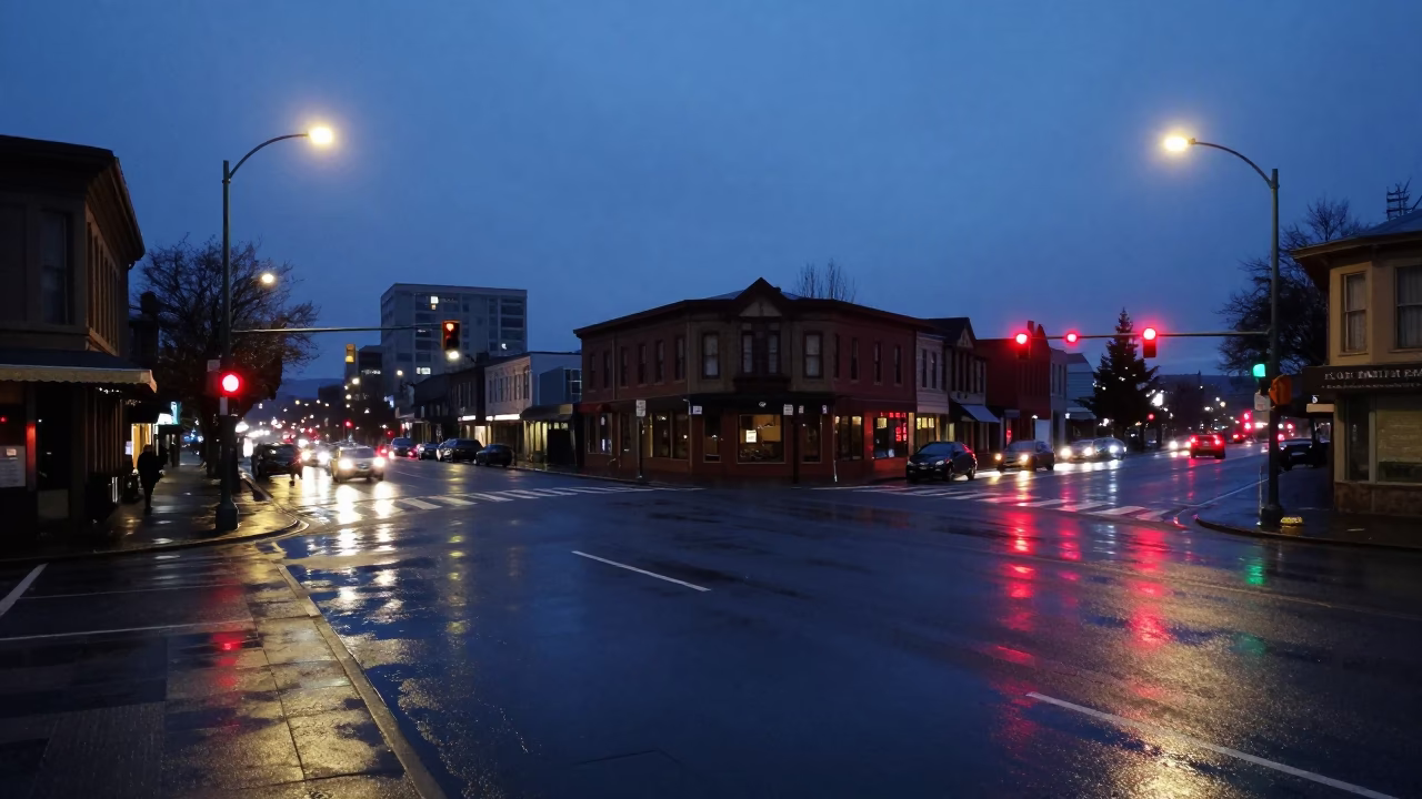 Predawn Street Scene in Portland Oregon with Wet Asphalt and City Lights in in Portland, Oregon, United States