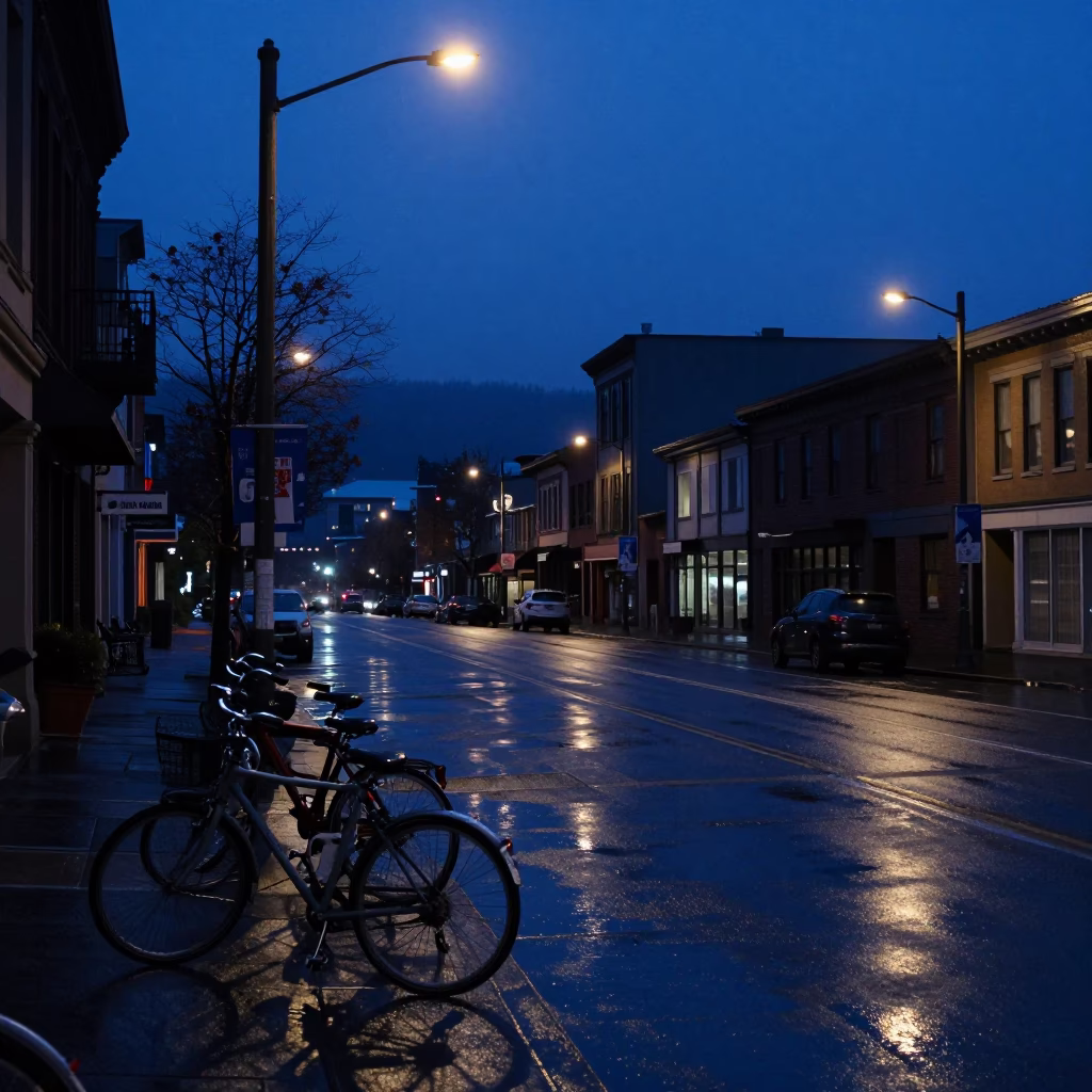 Predawn street scene in Portland Oregon with wet pavement and bicycle lights in in Portland, Oregon, United States