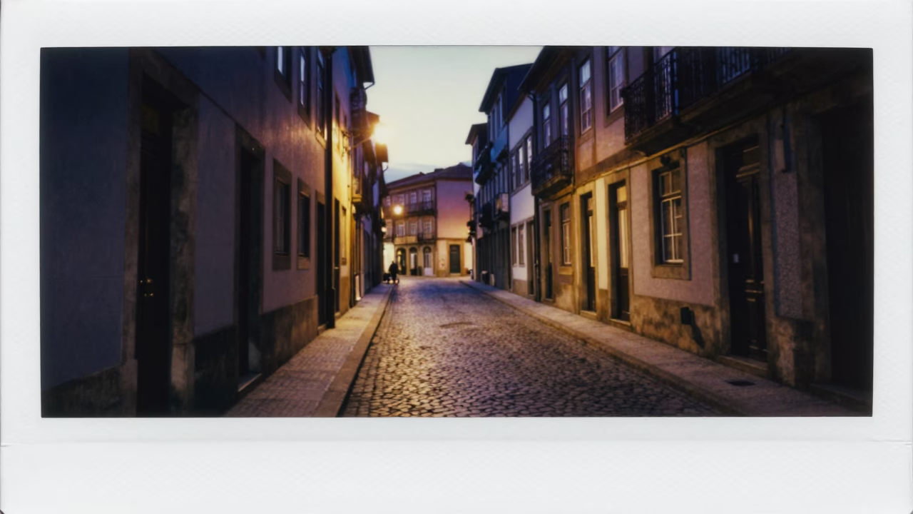 Predawn Street Scene in Porto Portugal with Cobblestones and Ambient Lighting in in Porto, Portugal