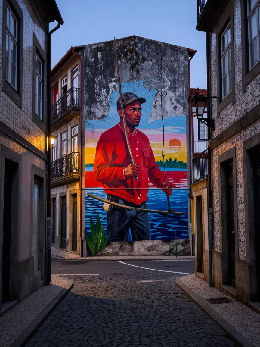 Predawn Street Scene in Porto Portugal with Colorful Mural and Urban Details in in Porto, Portugal