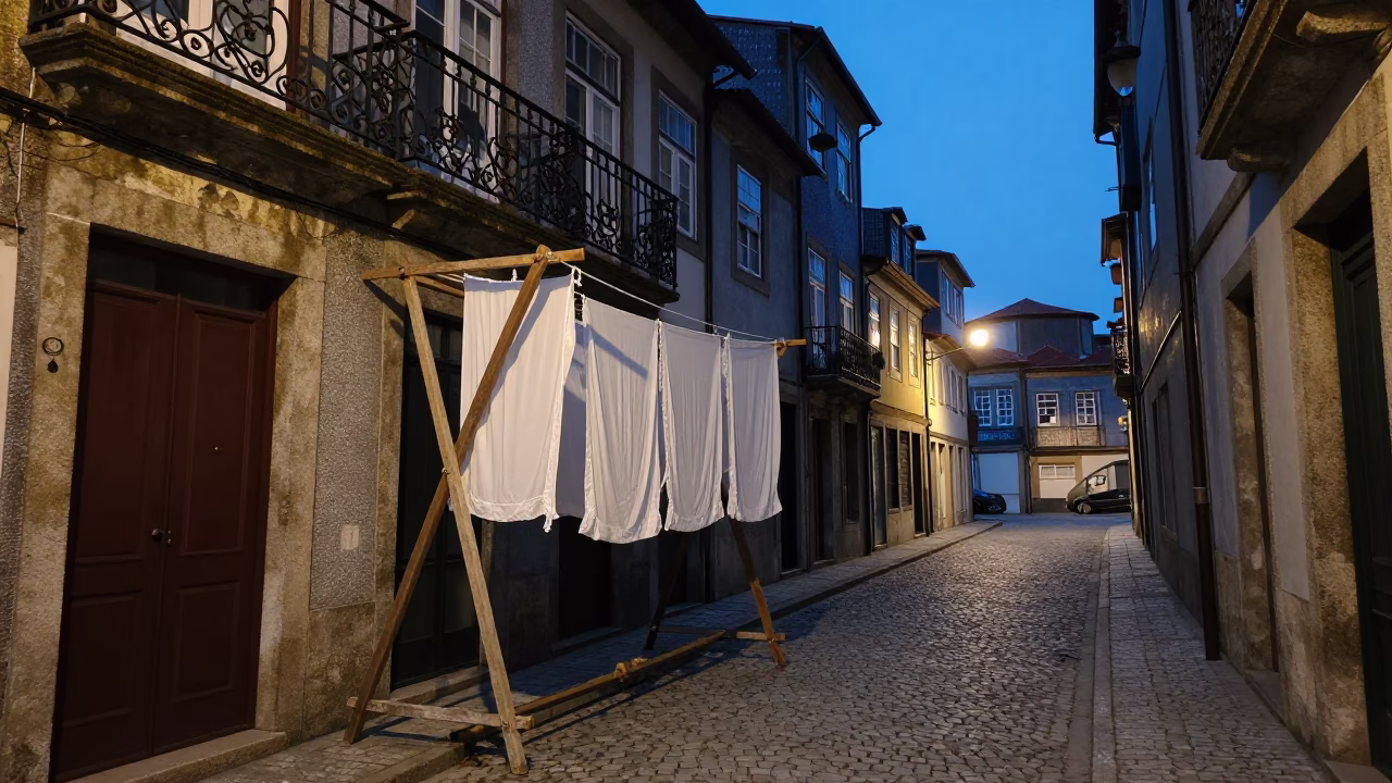 Predawn Street Scene in Porto Portugal with Drying Rack and Brushed Steel Frame in in Porto, Portugal