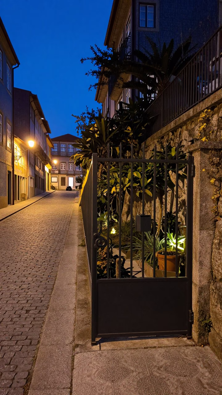 Predawn Street Scene in Porto Portugal with Levee Path and Garden Gate in in Porto, Portugal
