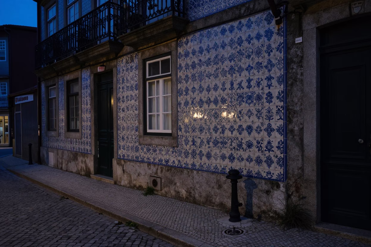 Predawn Street Scene in Porto Portugal with Traditional Tilework and Coffee Shop Interior in in Porto, Portugal