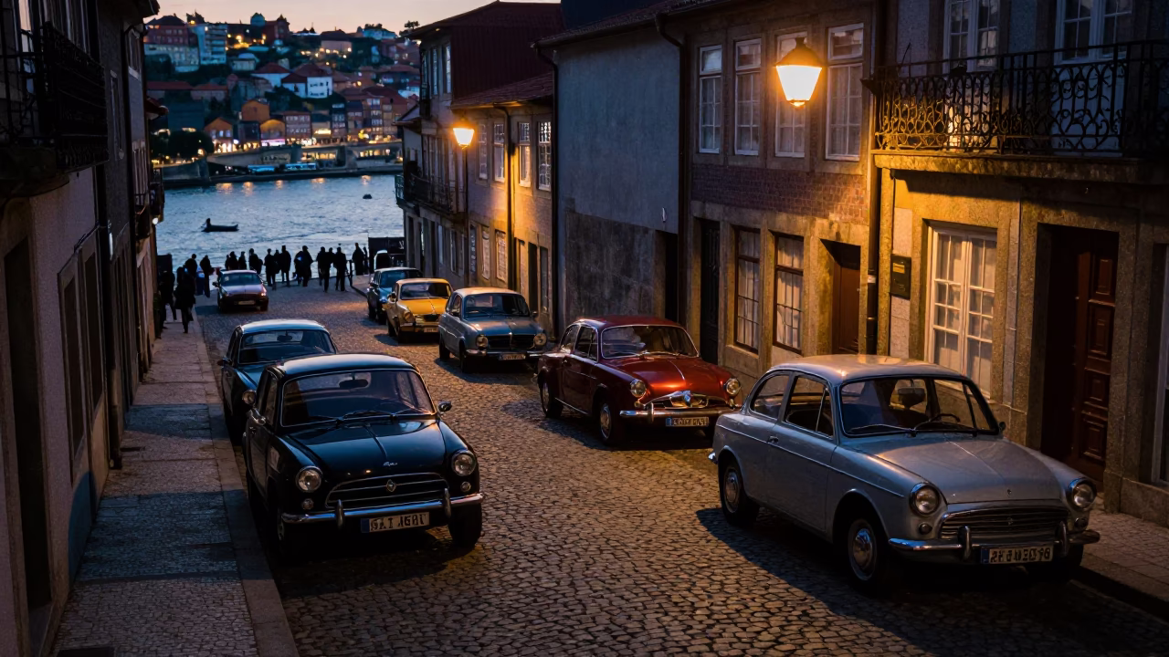 Predawn Street Scene in Porto Portugal with Vintage Car Rally Preparation in in Porto, Portugal