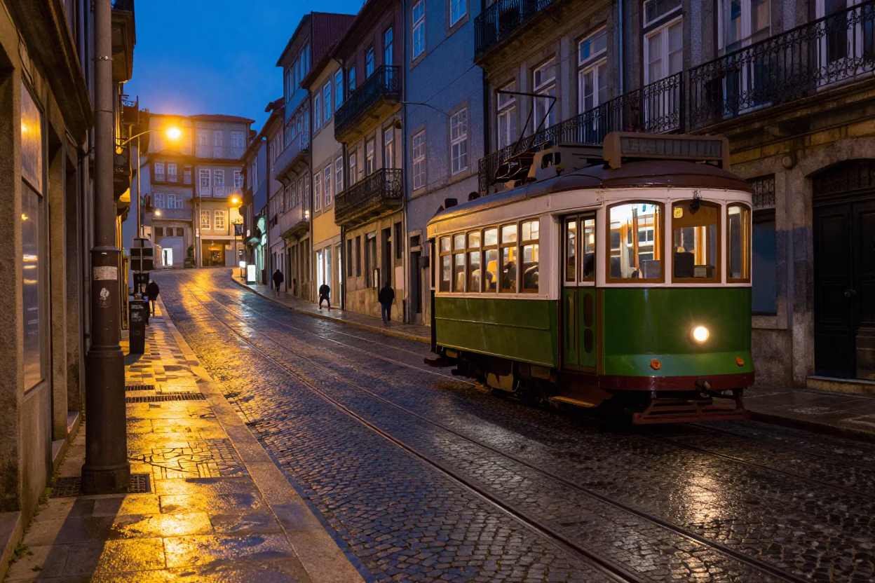 Predawn street scene in Porto Portugal with vintage tram and wet cobblestones under streetlights in in Porto, Portugal