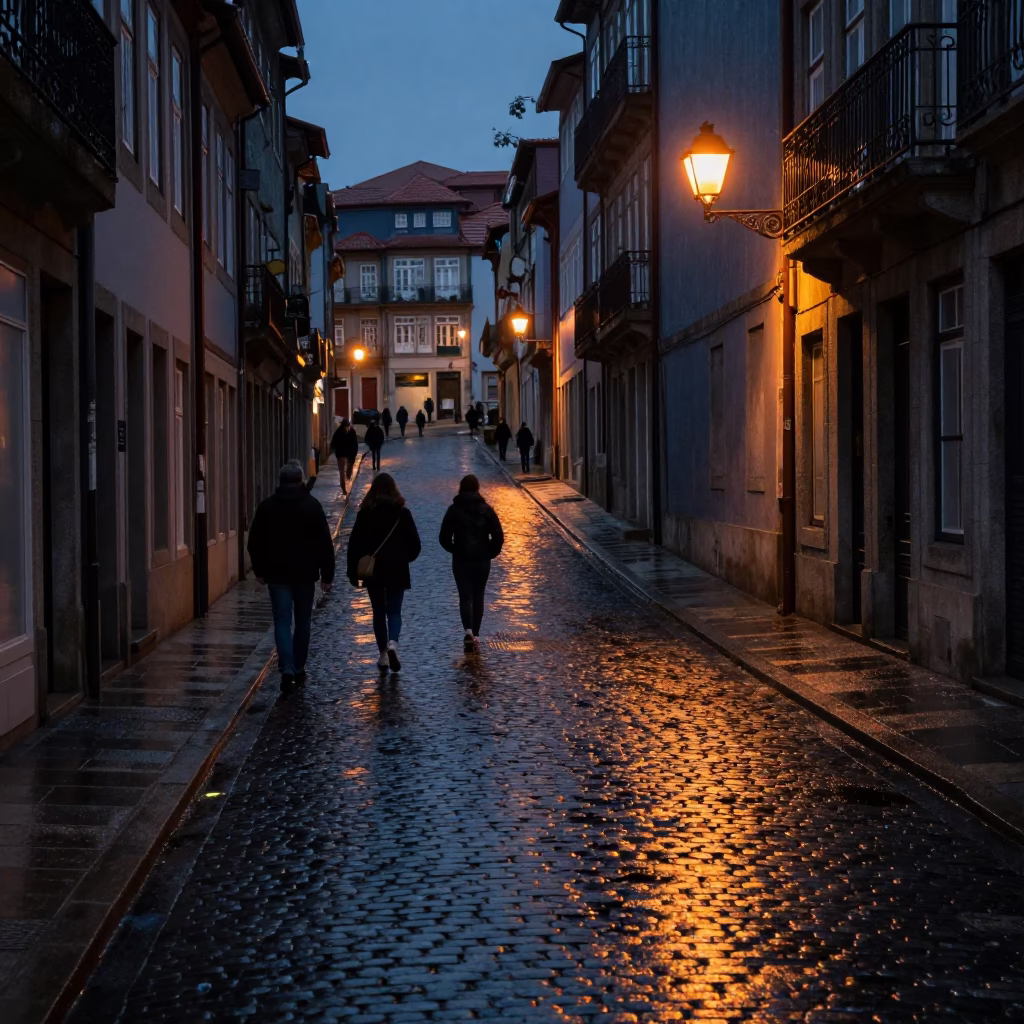 Predawn street scene in Porto Portugal with wet cobblestones and pedestrian overpass in in Porto, Portugal