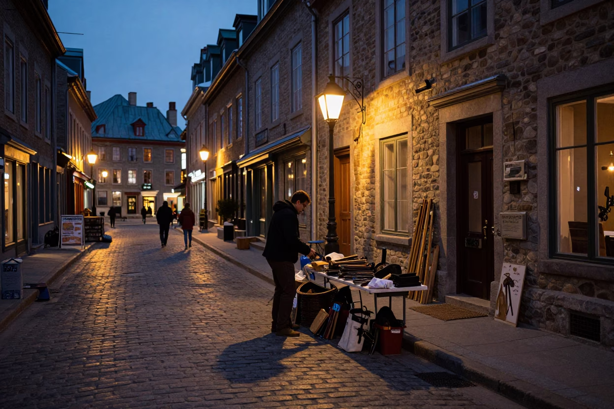 Predawn Street Scene in Quebec City with Hand Tools and Mechanical Pencils in in Quebec City, Quebec, Canada