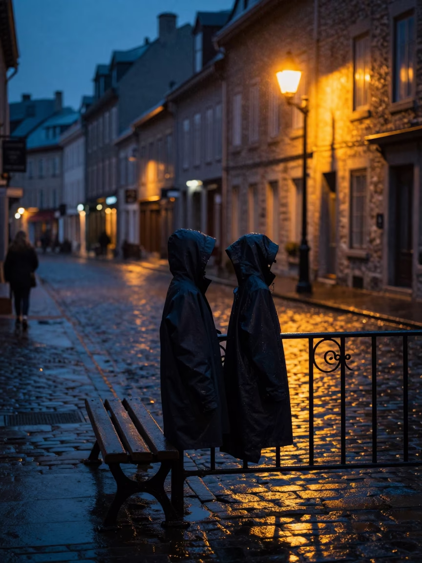 Predawn Street Scene in Quebec City with Raincoats and Park Bench in in Quebec City, Quebec, Canada
