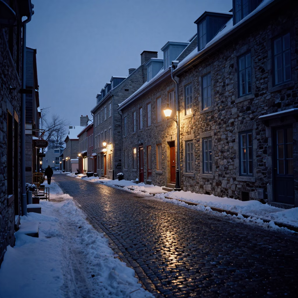 Predawn Street Scene in Quebec City with Snow and Historic Stone Architecture in in Quebec City, Quebec, Canada