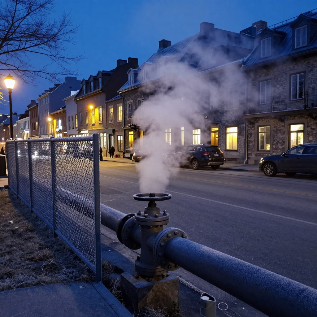 Predawn Street Scene in Quebec City with Steaming District Heating Pipe and Frost in in Quebec City, Quebec, Canada