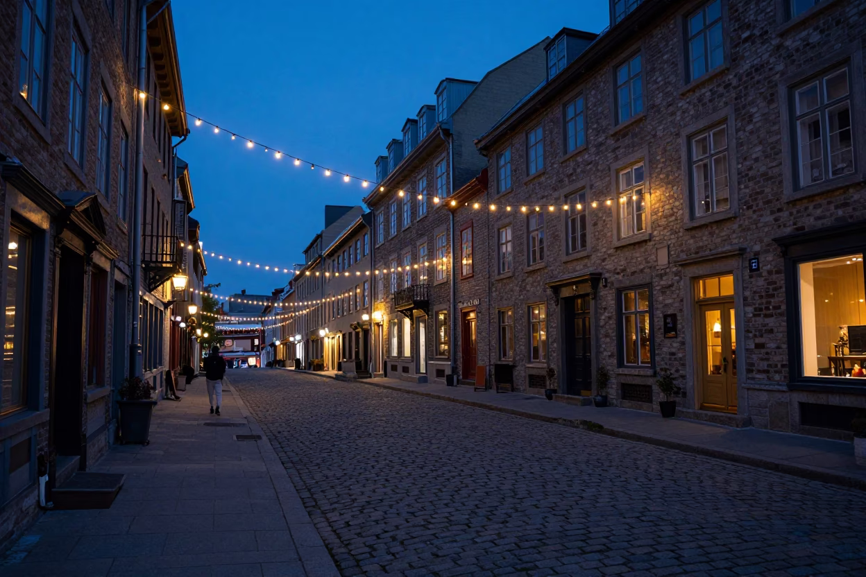 Predawn Street Scene in Quebec City with String Lights and Urban Architecture in in Quebec City, Quebec, Canada