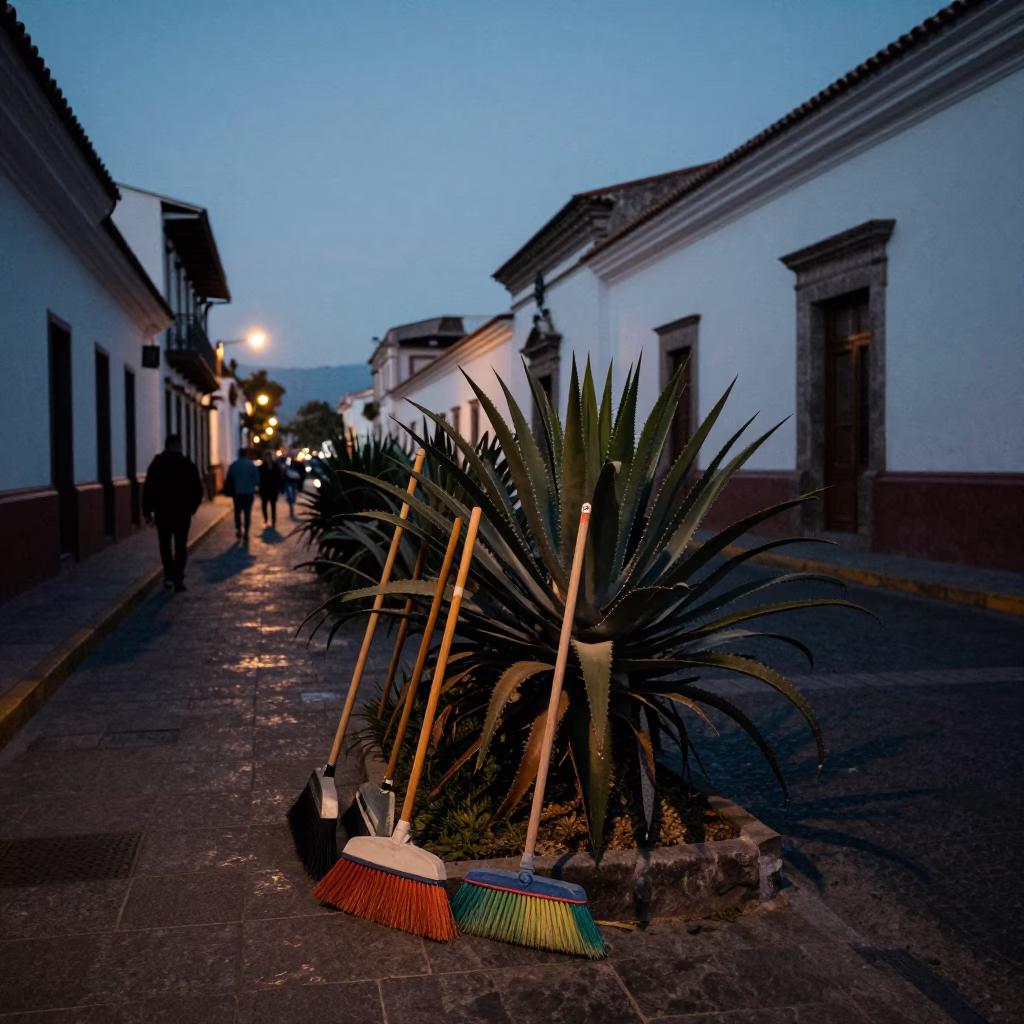 Predawn Street Scene in Quito Ecuador with Brooms and Echeveria in in Quito, Ecuador