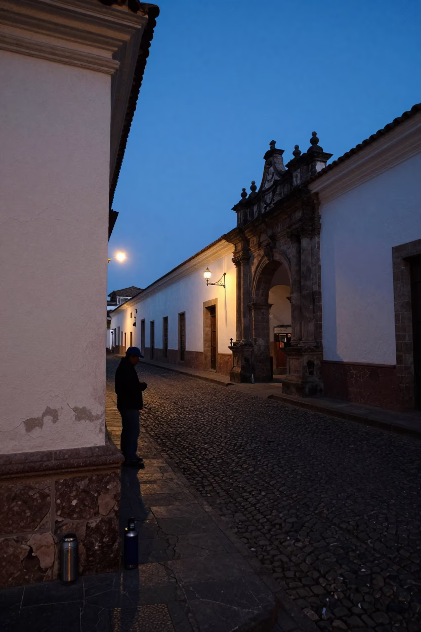Predawn street scene in Quito Ecuador with cracked stucco and thermos in in Quito, Ecuador