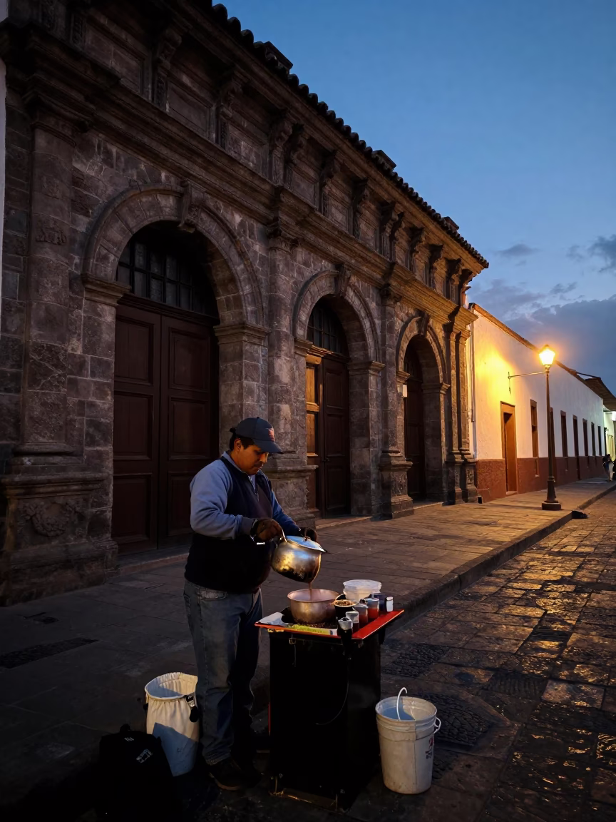 Predawn street scene in Quito Ecuador with street vendor and early morning light in in Quito, Ecuador
