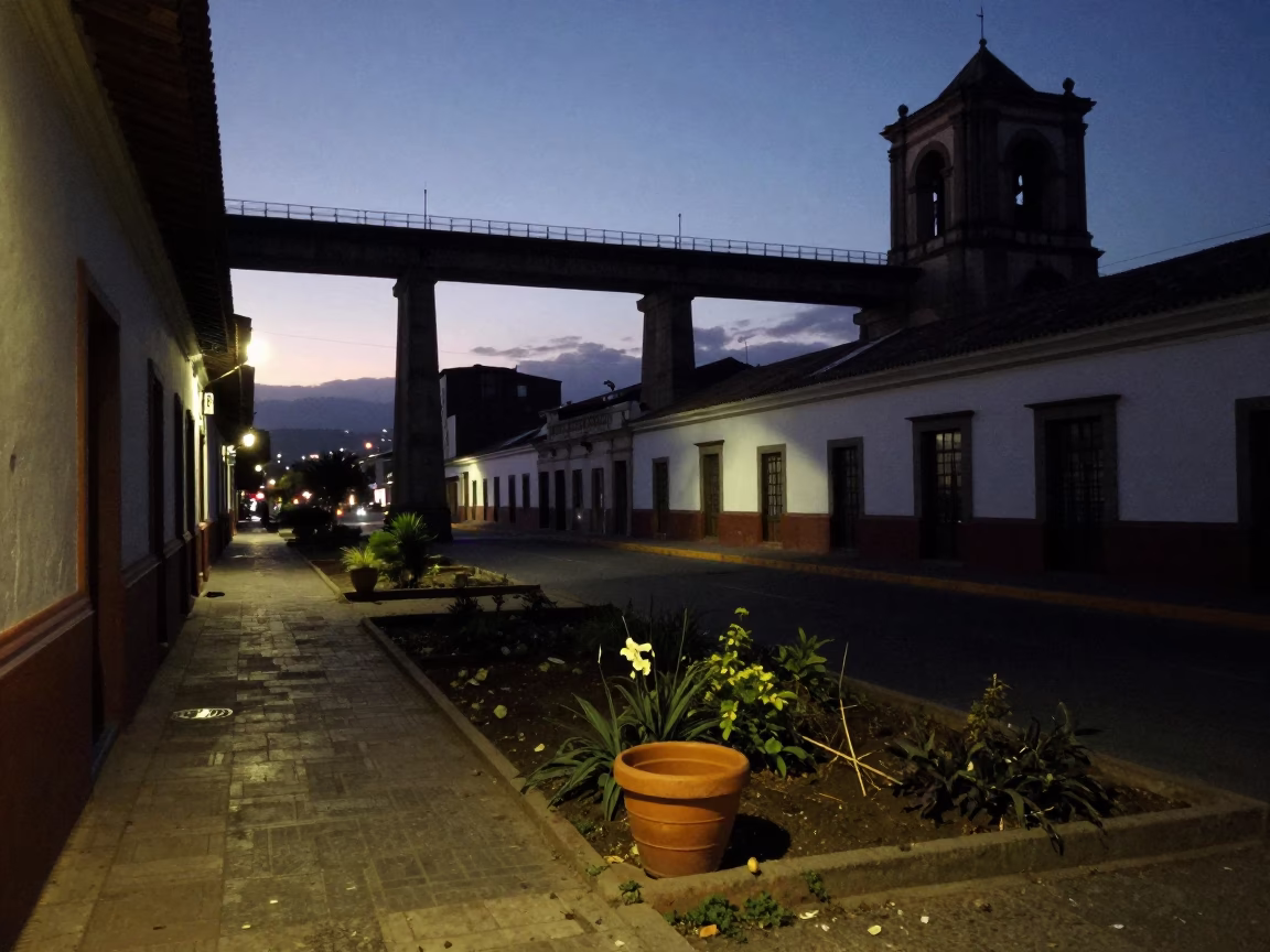 Predawn Street Scene in Quito Ecuador with Terracotta Pot and Viaduct Shadow in in Quito, Ecuador