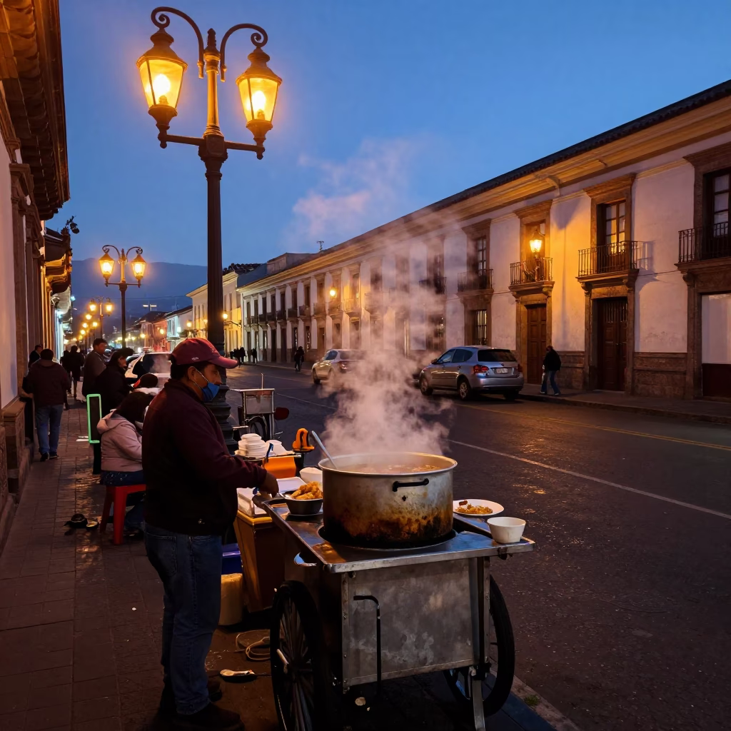 Predawn street scene in Quito Ecuador with vendors preparing breakfast under dim gas lamps in in Quito, Ecuador