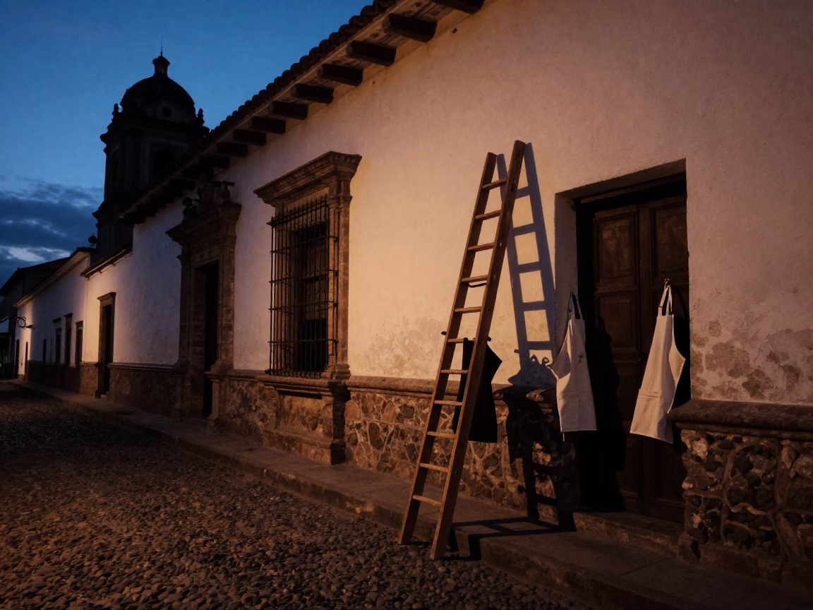Predawn Street Scene in Quito Ecuador with Wooden Ladder and Aprons in in Quito, Ecuador
