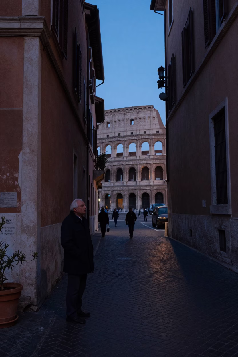 Predawn Street Scene in Rome Italy with Alarmed Commuter and Traditional Breakfast in in Rome, Italy