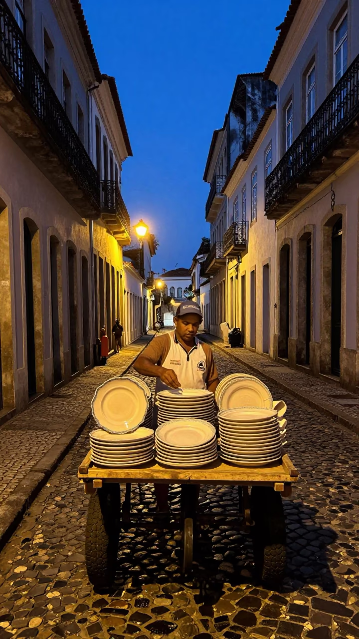 Predawn street scene in Salvador Brazil with ceramic plate and pulley in in Salvador, Brazil