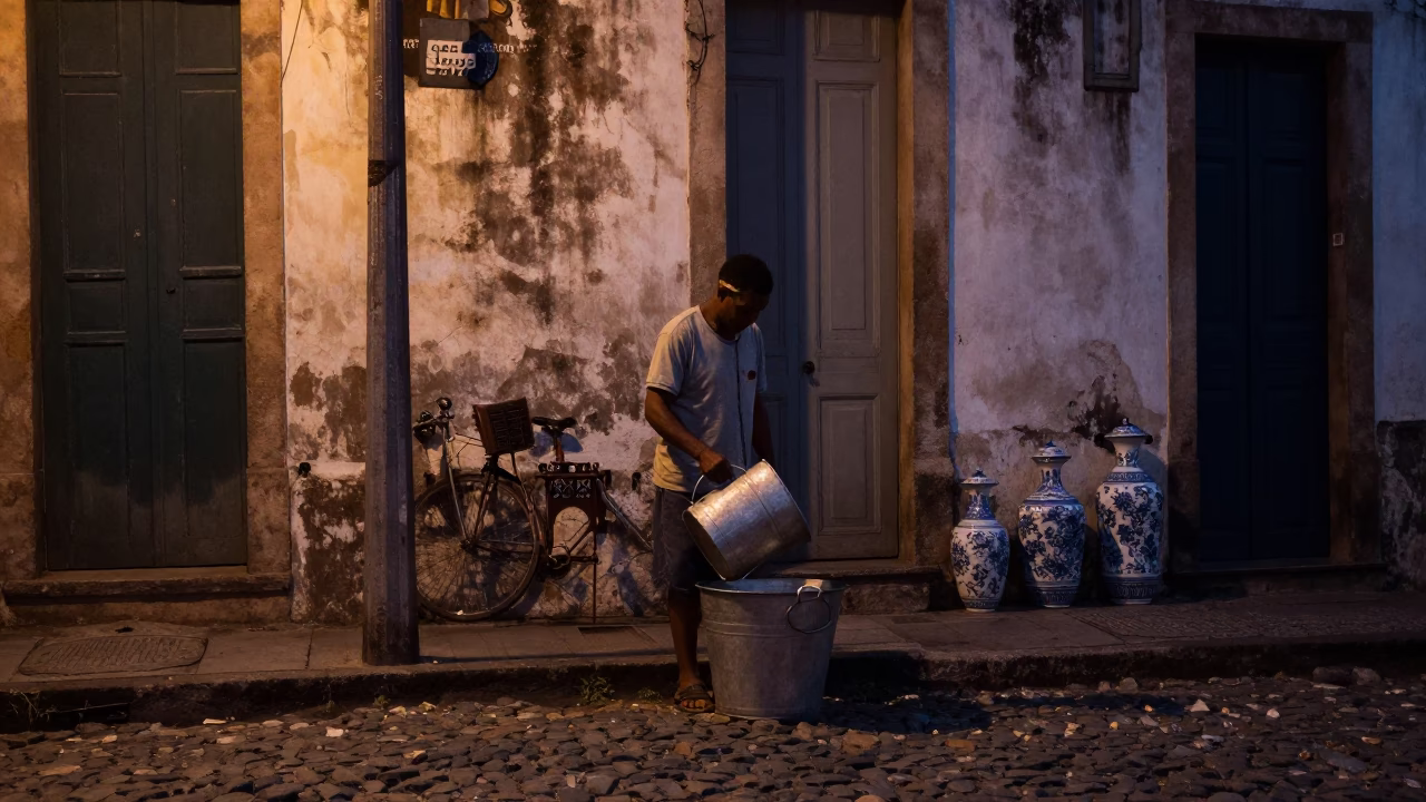 Predawn Street Scene in Salvador Brazil with Metal Bucket and Porcelain Jar in in Salvador, Brazil