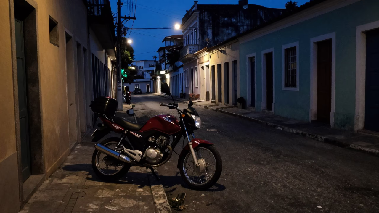 Predawn street scene in Salvador Brazil with parked motorcycle and dim street lighting in in Salvador, Brazil