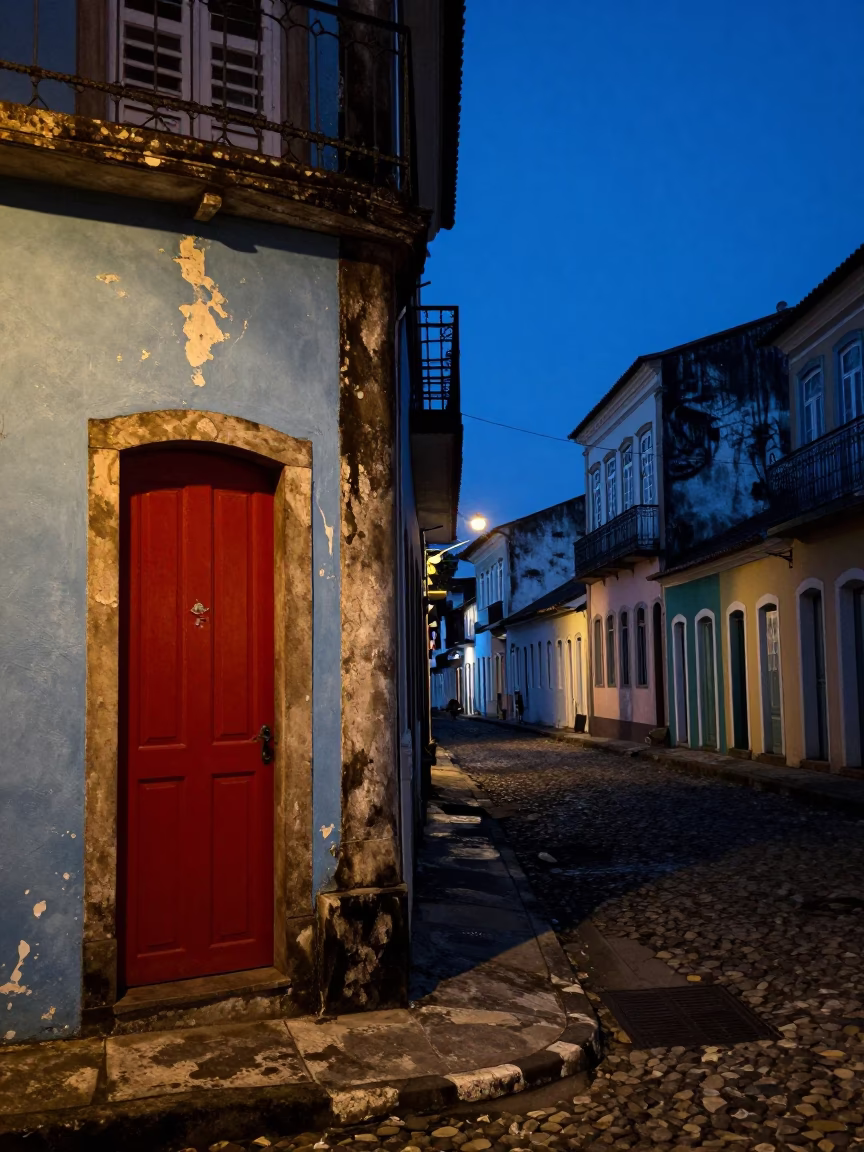 Predawn Street Scene in Salvador Brazil with Red Lacquered Wood and Paperbacks in in Salvador, Brazil