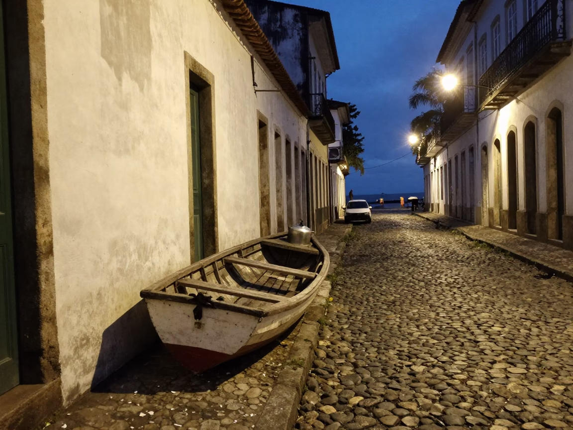 Predawn Street Scene in Salvador Brazil with Rowboat and Saucepan in in Salvador, Brazil