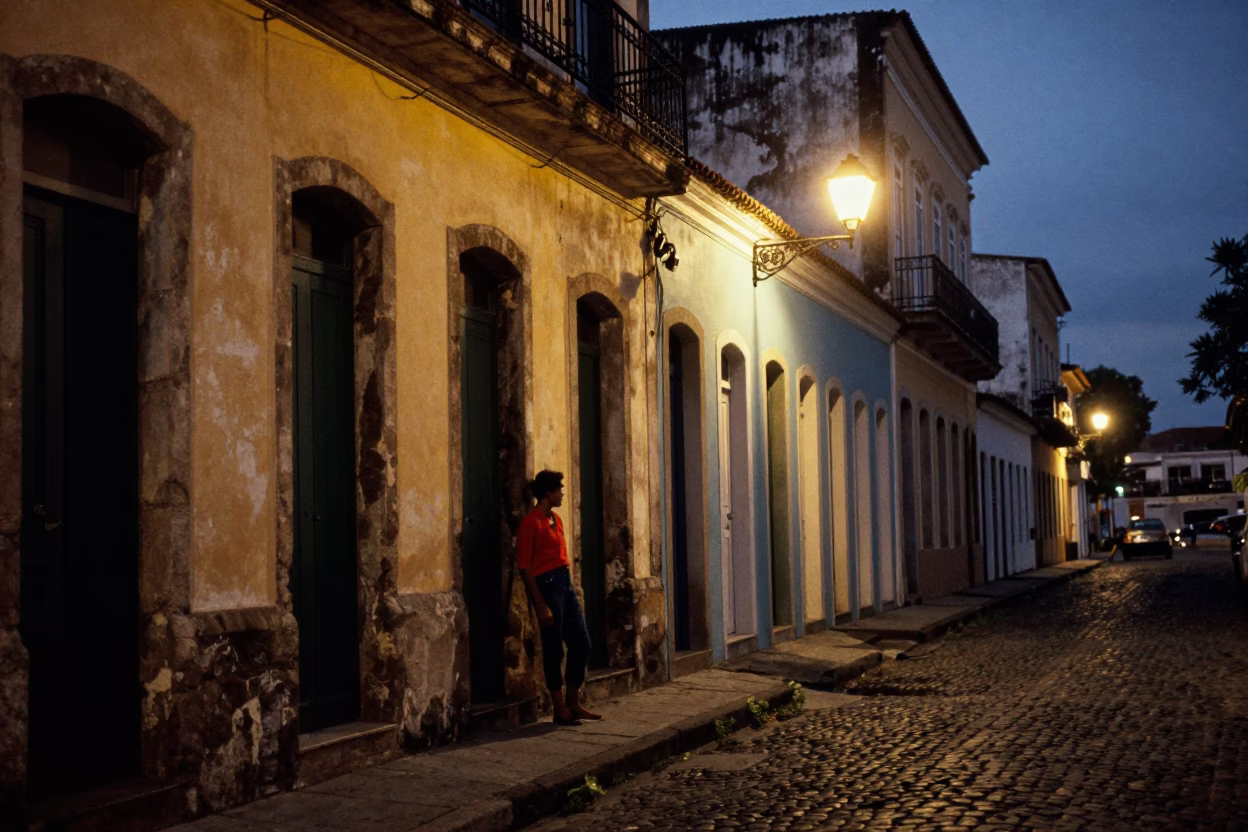 Predawn Street Scene in Salvador Brazil with Vintage Fashion Elements and Local Urban Details in in Salvador, Brazil
