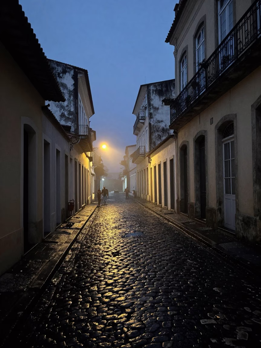 Predawn street scene in Salvador Brazil with wet cobblestones and ambient light in in Salvador, Brazil