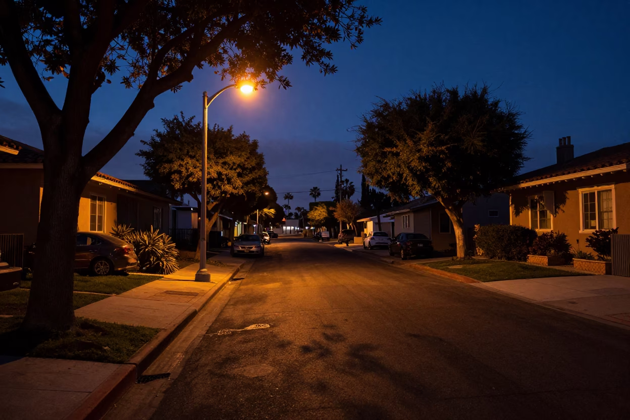 Predawn street scene in San Diego California with leaf shadows and terracotta pots in in San Diego, California, United States