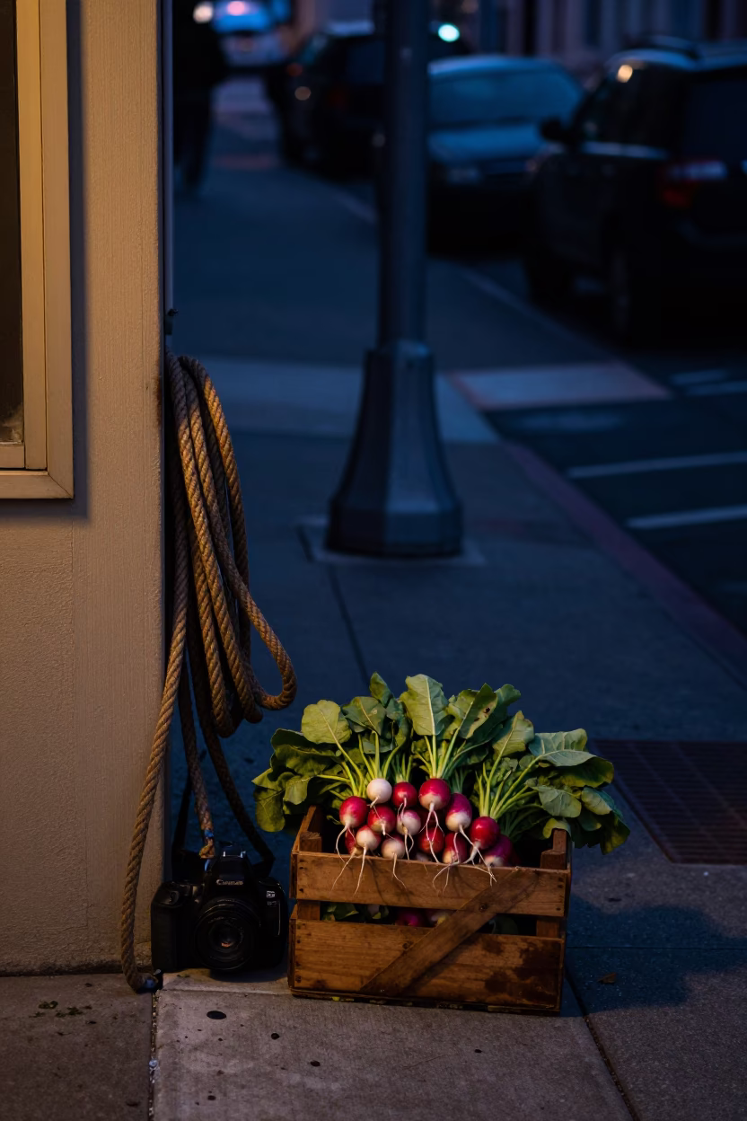 Predawn Street Scene in San Francisco with Coiled Rope and Radishes in in San Francisco, California, United States