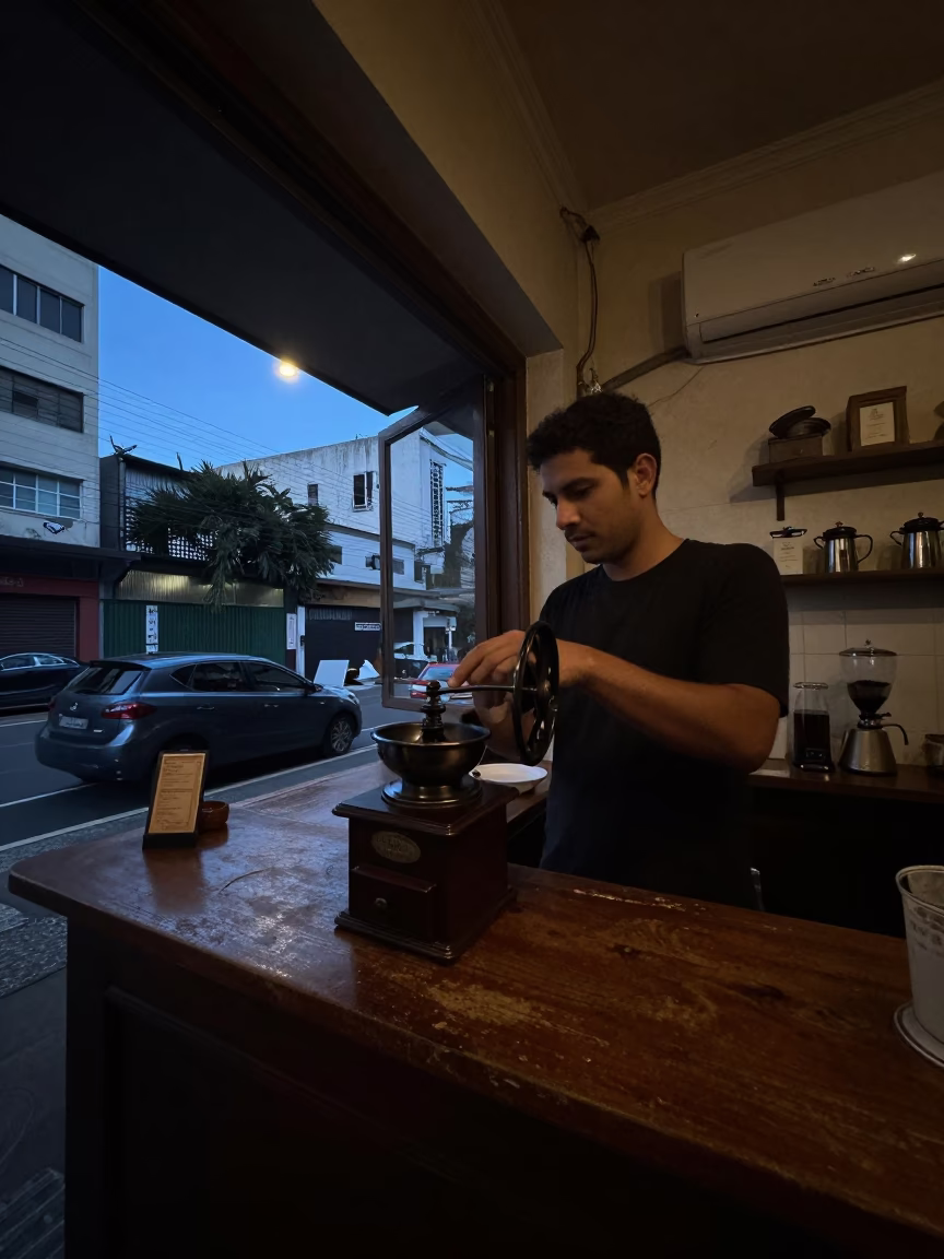Predawn Street Scene in São Paulo Brazil Vintage Coffee Shop Interior in in São Paulo, Brazil