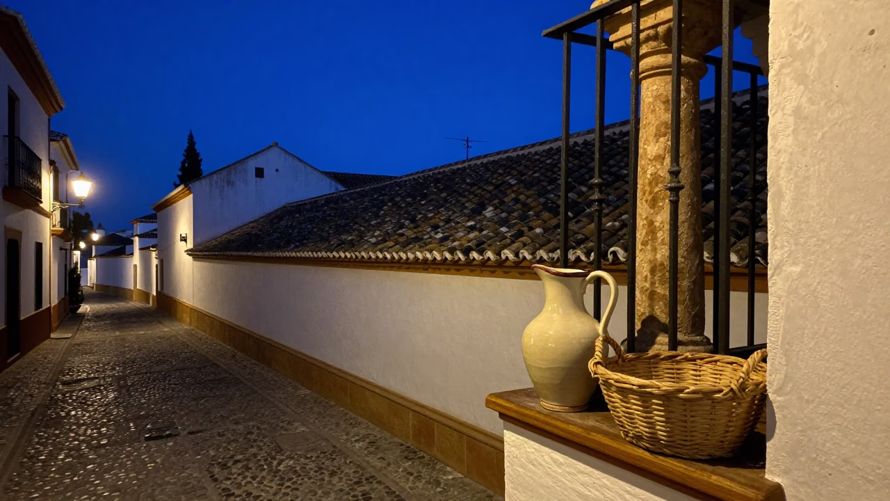 Predawn Street Scene in Seville Spain with Ceramic Pitcher and Wicker Basket in in Seville, Spain