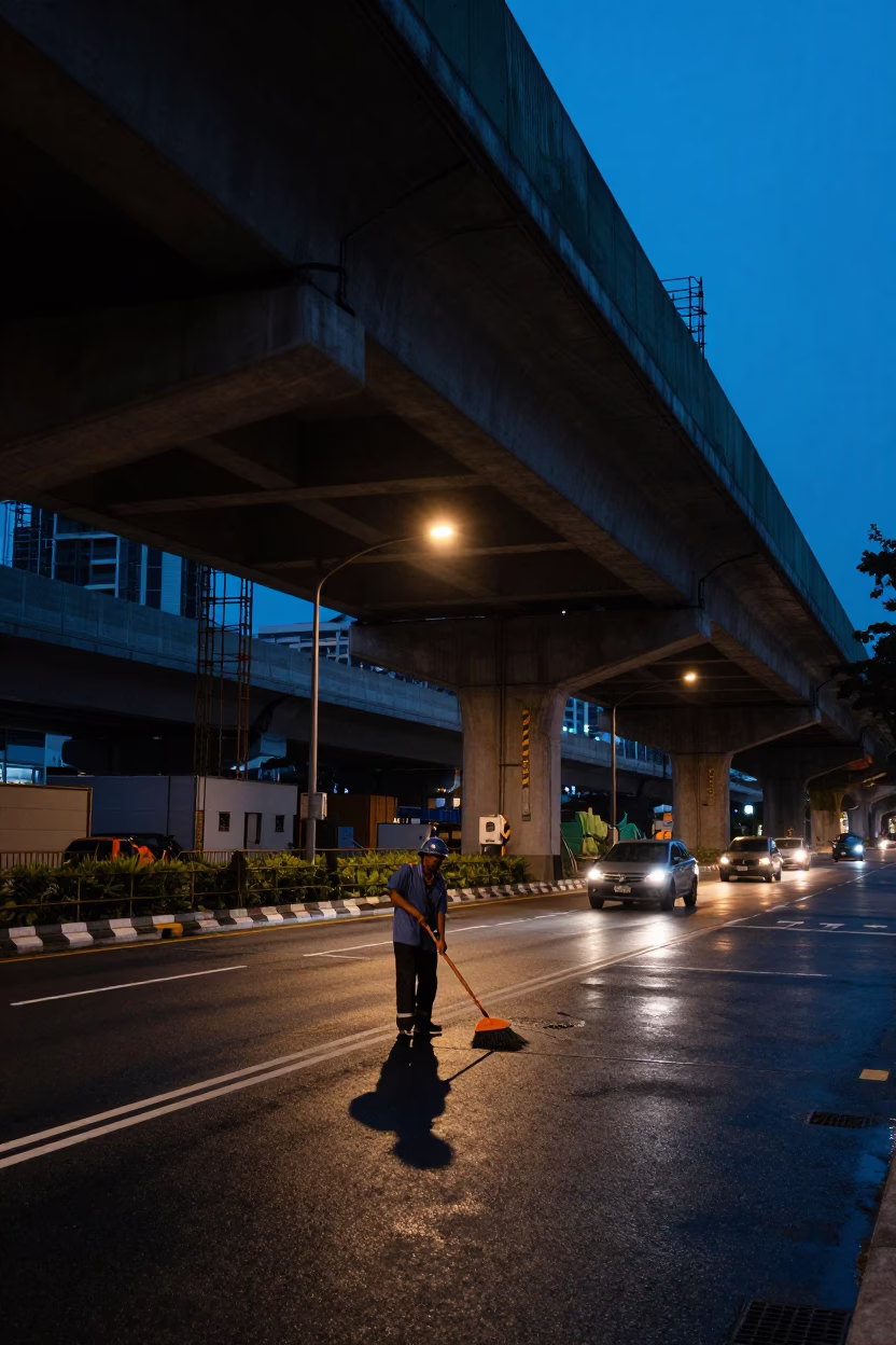 Predawn Street Scene in Singapore Under Highway Overpass with Construction Activity in in Singapore, Singapore