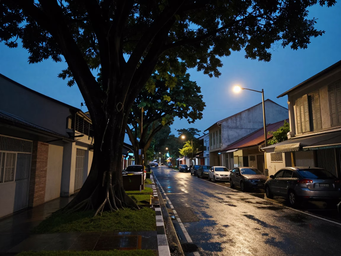 Predawn Street Scene in Singapore with Kapok Tree and Local Vendor in in Singapore, Singapore