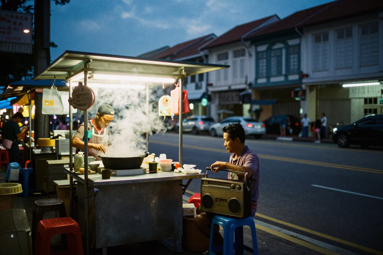 Predawn Street Scene in Singapore with Vintage Radio and Steam Haze in in Singapore, Singapore