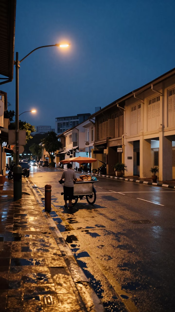 Predawn street scene in Singapore with wet pavement and urban architecture in in Singapore, Singapore