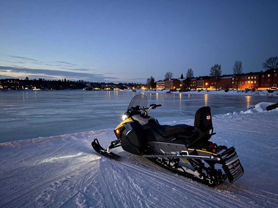 Predawn Street Scene in Stockholm Sweden With Snowmobile and Frozen River Overlook in in Stockholm, Sweden