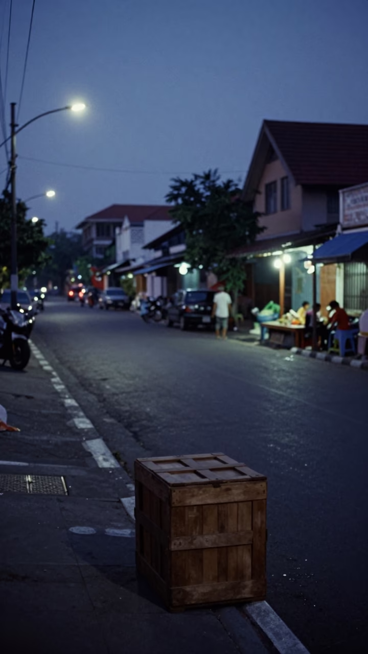 Predawn Street Scene in Surabaya Indonesia with Crates and Urban Morning Light in in Surabaya, Indonesia