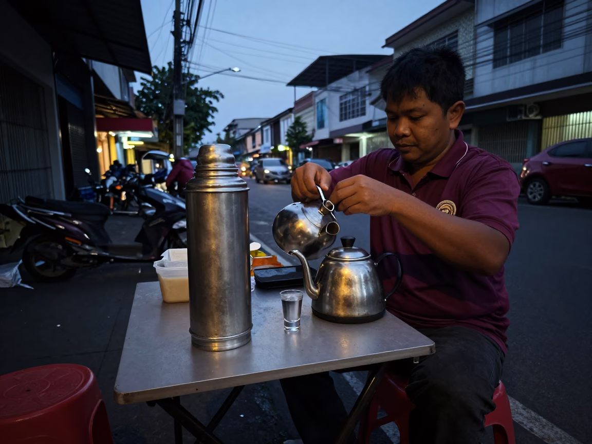 Predawn Street Scene in Surabaya Indonesia with Thermos and Kettle in in Surabaya, Indonesia