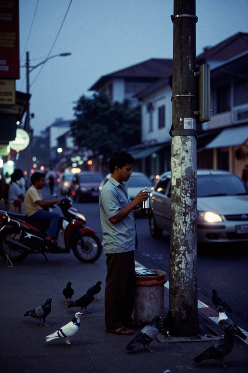 Predawn Street Scene in Surabaya Indonesia with Thermos and Pigeons in in Surabaya, Indonesia