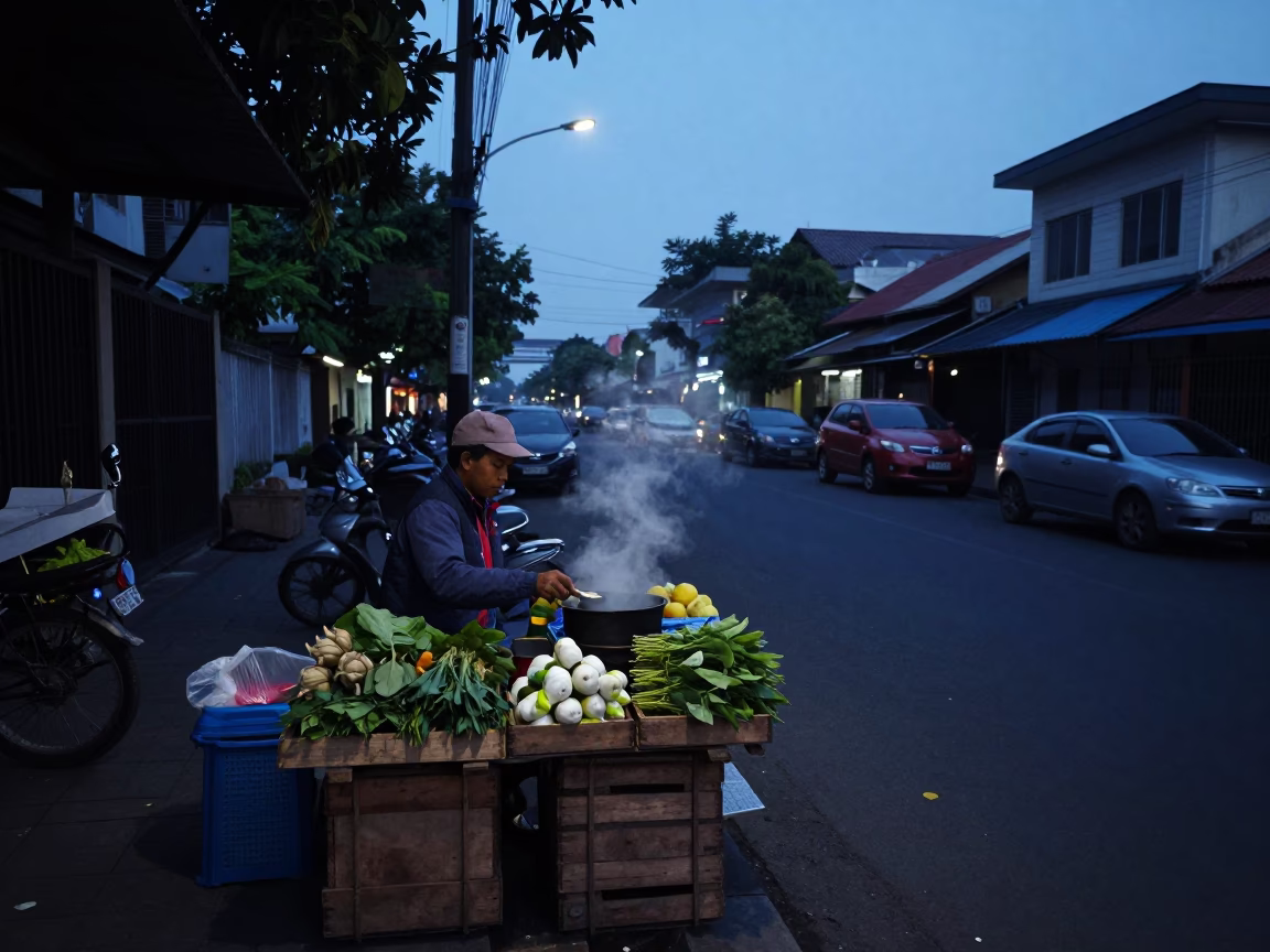 Predawn street scene in Surabaya Indonesia with vendor and early morning activity in in Surabaya, Indonesia