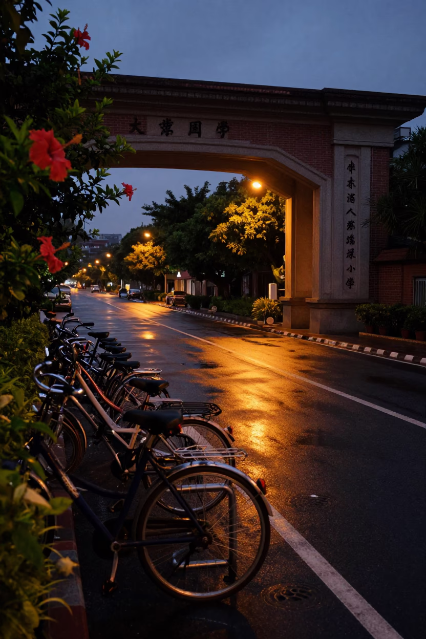 Predawn Street Scene in Tainan Taiwan with Hibiscus and Bicycle Rack in in Tainan, Taiwan