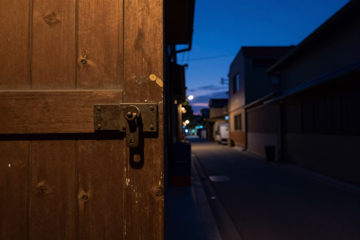 Predawn Street Scene in Tainan Taiwan with Iron Deadbolt and Construction Site in in Tainan, Taiwan