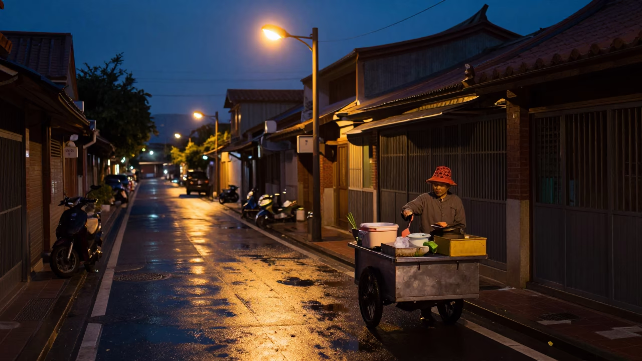 Predawn Street Scene in Tainan Taiwan with Local Vendor and Spatula in in Tainan, Taiwan