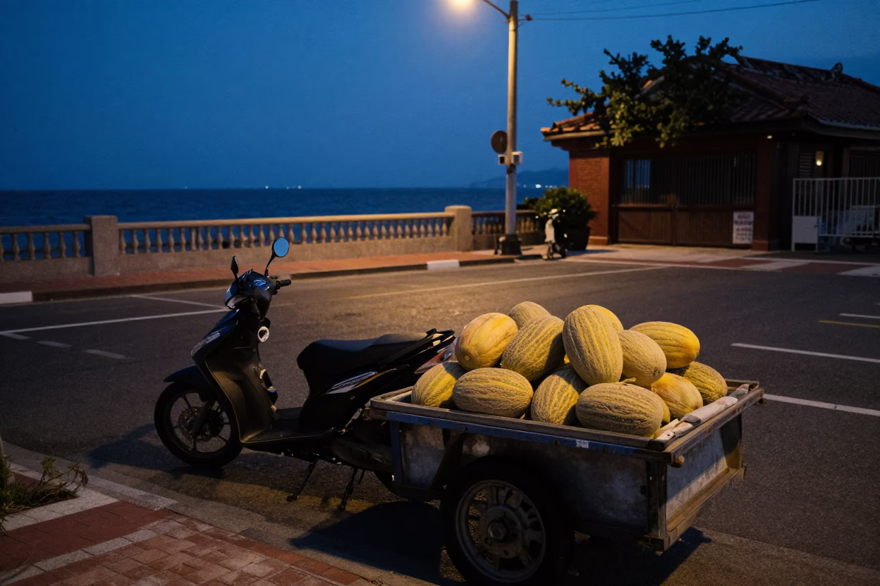 Predawn Street Scene in Tainan Taiwan with Motorcycle and Melons in in Tainan, Taiwan