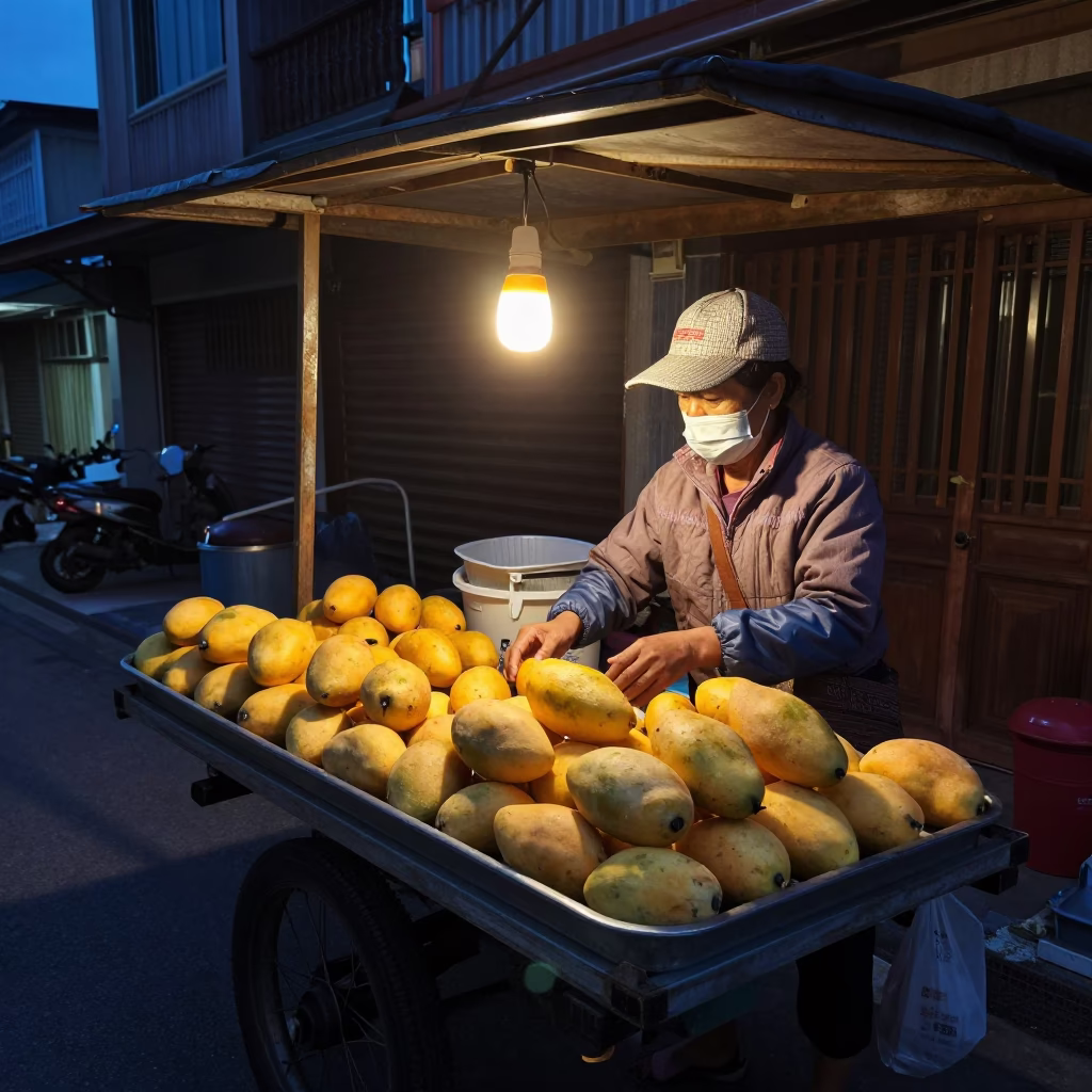 Predawn Street Scene in Tainan Taiwan with Vendor and Mangoes in in Tainan, Taiwan